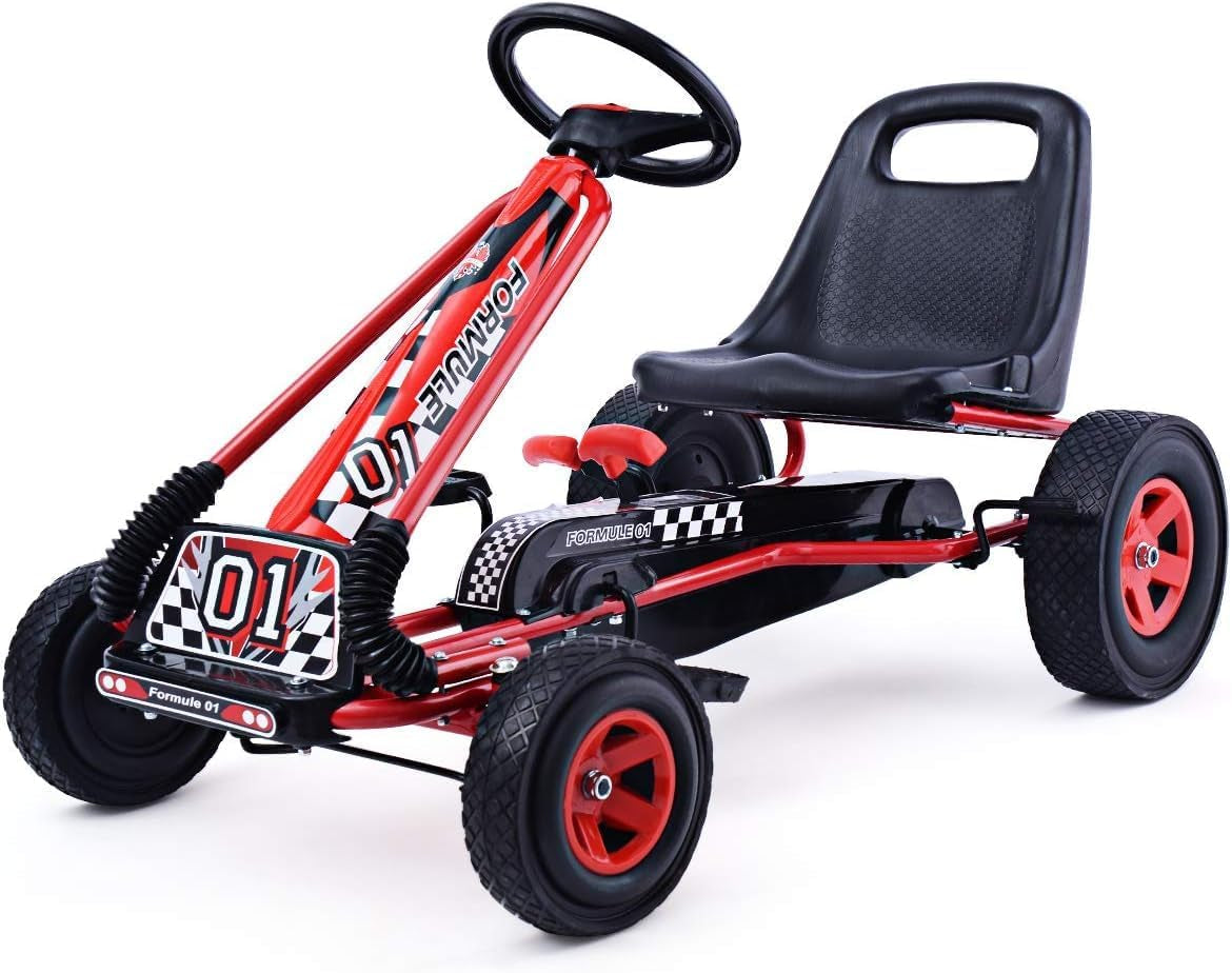 HONEY JOY Kids Go Kart - 4-Wheel Off-Road Pedal Cart with Steering Wheel, Adjustable Seat, Dual Safety Brakes, EVA Tires, Clutch, Outdoor Racing Pedal Car (Red)