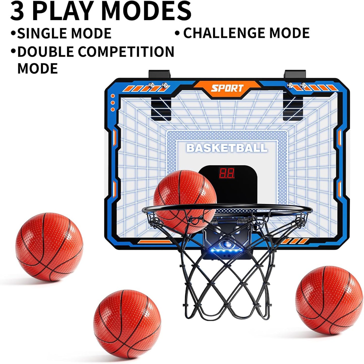 TEMI Remote Controller Indoor Basketball Hoop, 7 LED Light Door Basketball Hoop, Mini Hoop with Scoreboard & 4 Balls,Basketball Toys Gifts for 3 4 5 6 7 8 9 10 11 12 Year Old Boys Girls Kids Teen