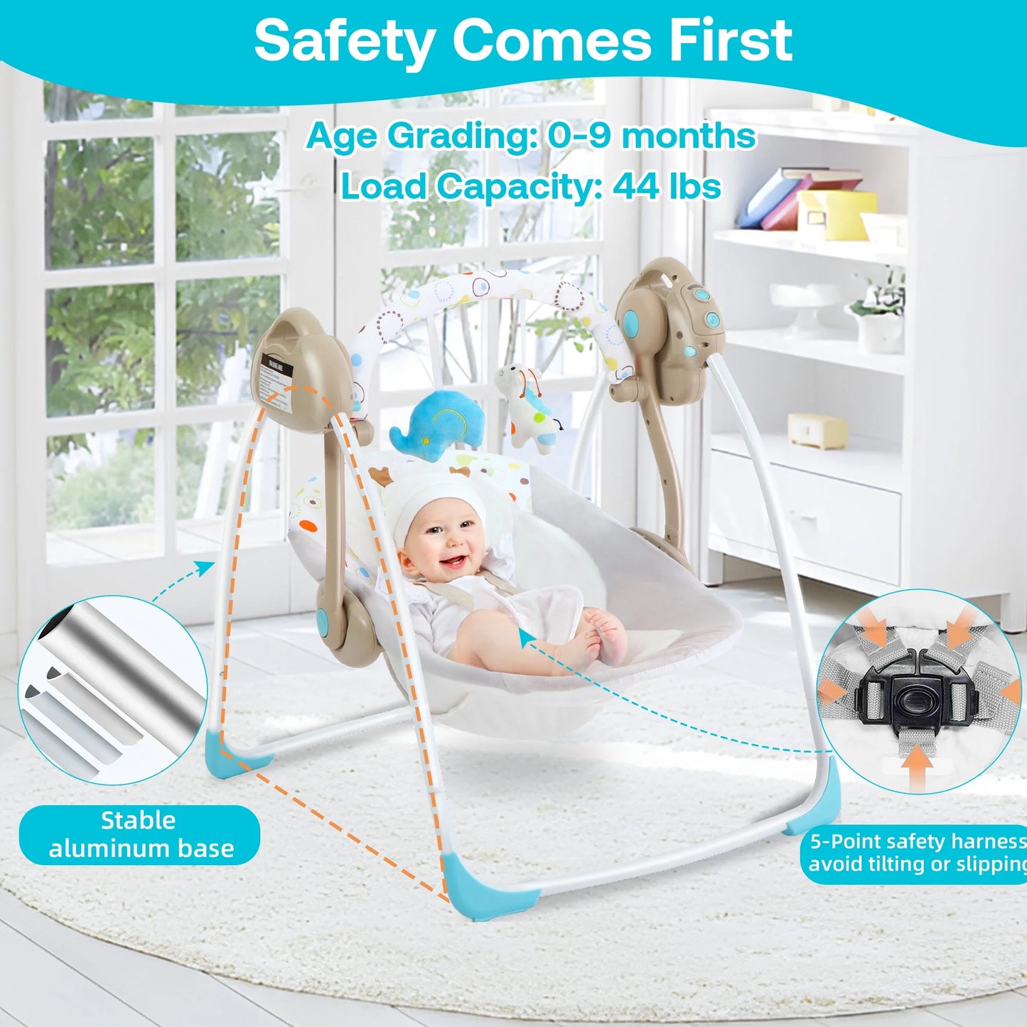 Baby Swing, Foldable Baby Swing for Infants with Adaptable Speeds, Music, 0-9 Months, Khaki