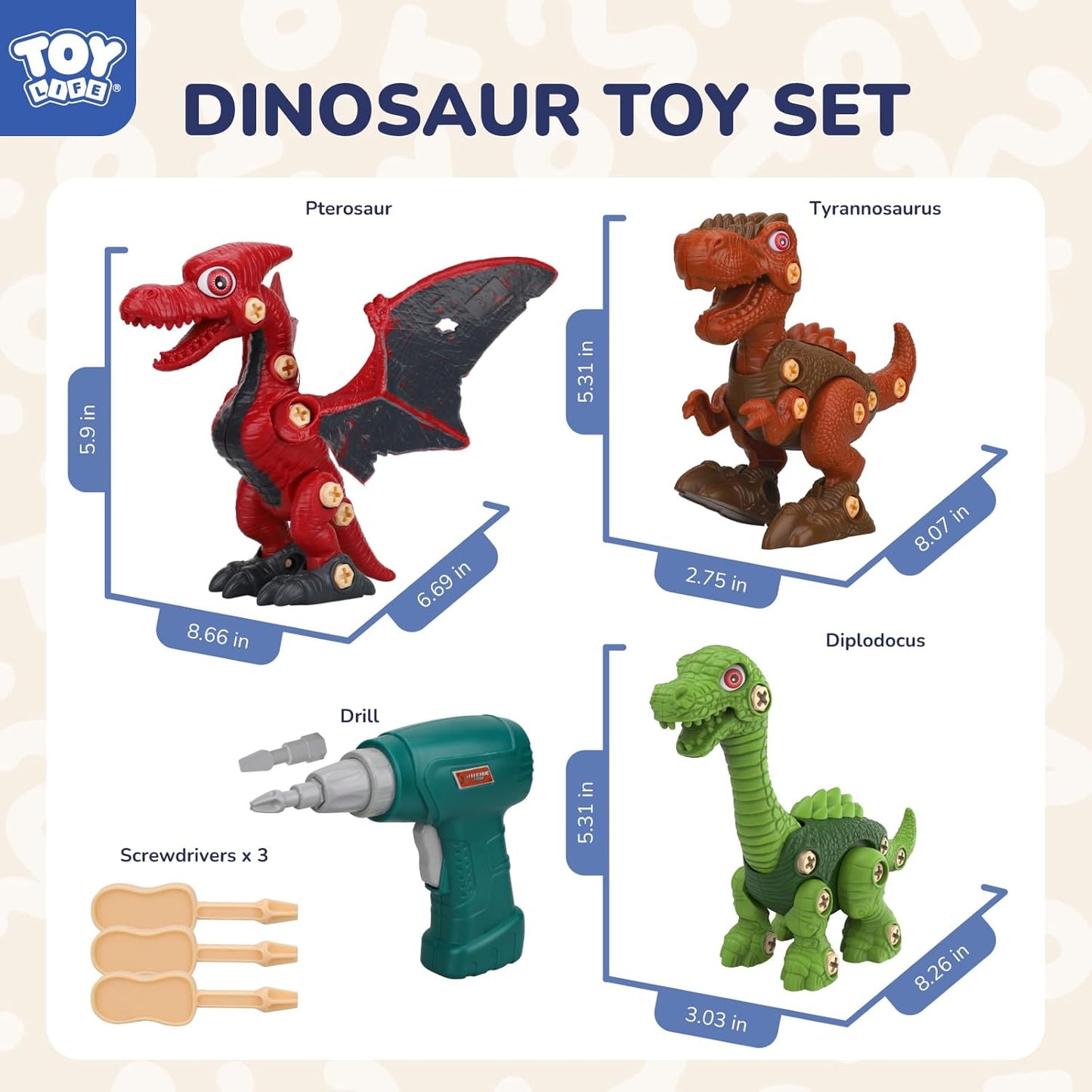 TOY Life 3-Pack Take-Apart Dinosaur Toys with Electric Drill - STEM Building Set for Kids Ages 4-8 - Ideal Birthday Gift for Boys 3-7