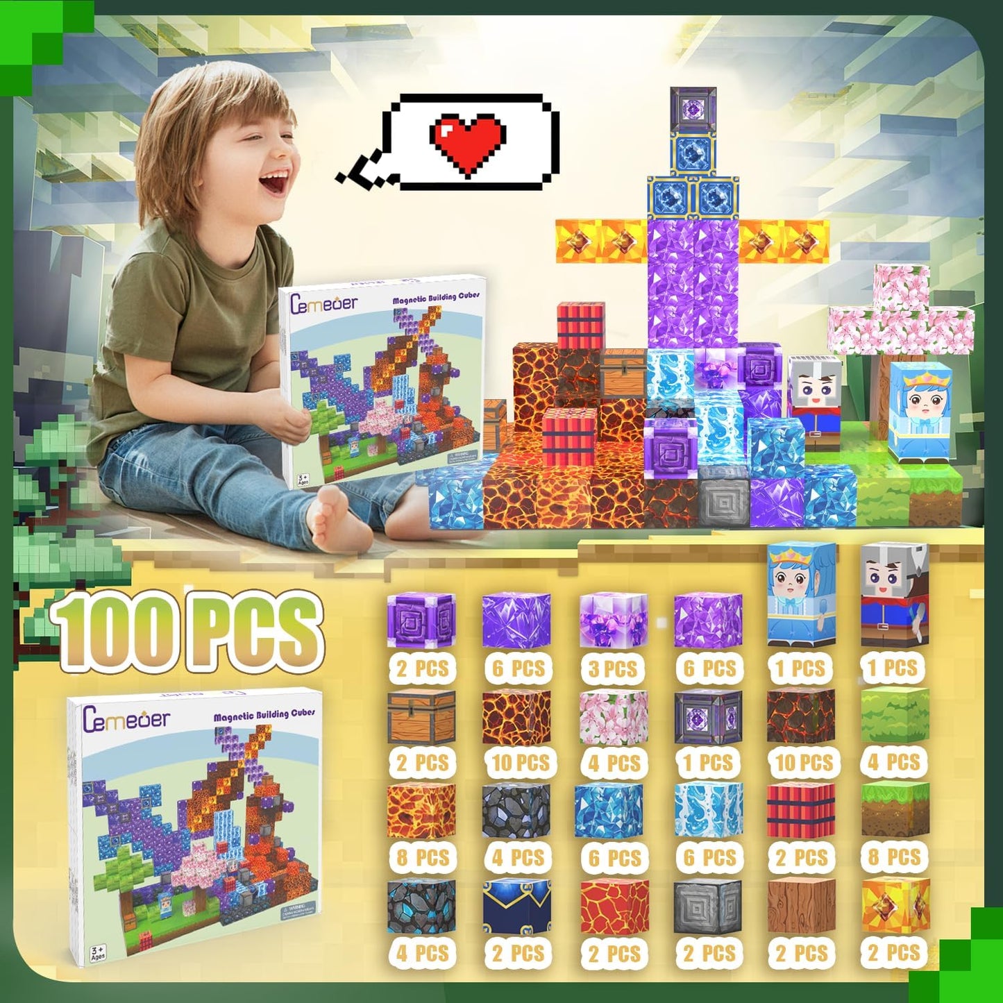 100PCS 1 Inch Magnetic Blocks, Mine Sword World Magnetic Toy Building Cube for Toddler Boys Girls Kids Age 3+, Stacking Magnet Construction Block Toys of Birthday Gifts.