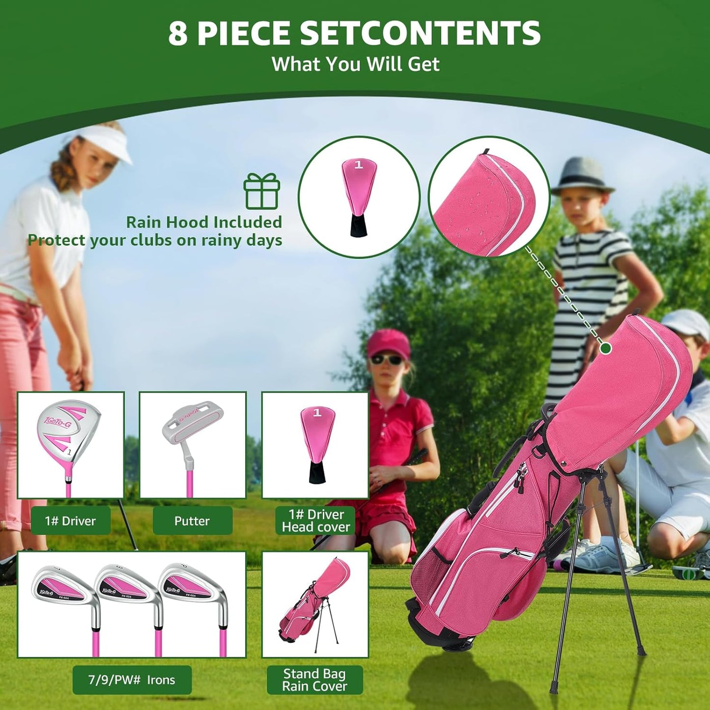 Kids Golf Clubs Set, Youth Golf Clubs Junior Set Ages 9-12 Includes Stand Bag, 1# Drive, 7#, 9# PW# Irons and Putter Right Hand for Boys Girls