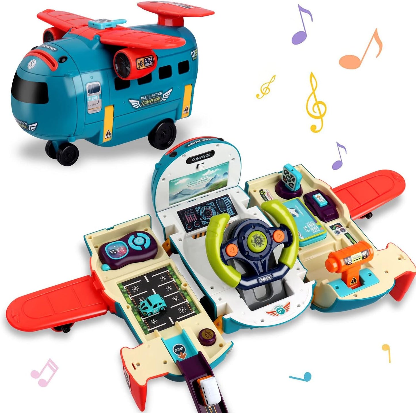 Dwi Dowellin 20-in-1 Transport Carrier Vehicle Set for Toddlers: Cargo Airplane and Police Toys for Boys and Girls Ages 2-7