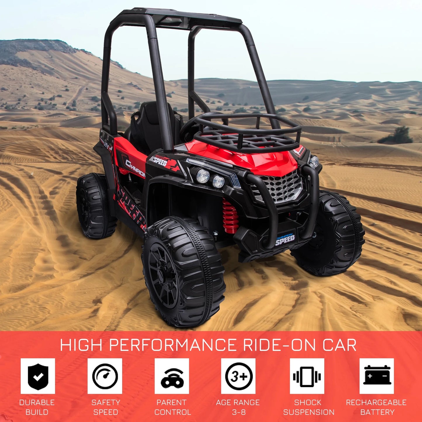 12V Dual Motor Kids UTV, Battery Powered Electric Ride on Truck with Forward and Reverse Function, Lights, MP3/USB, Suspension, Remote Control, Red