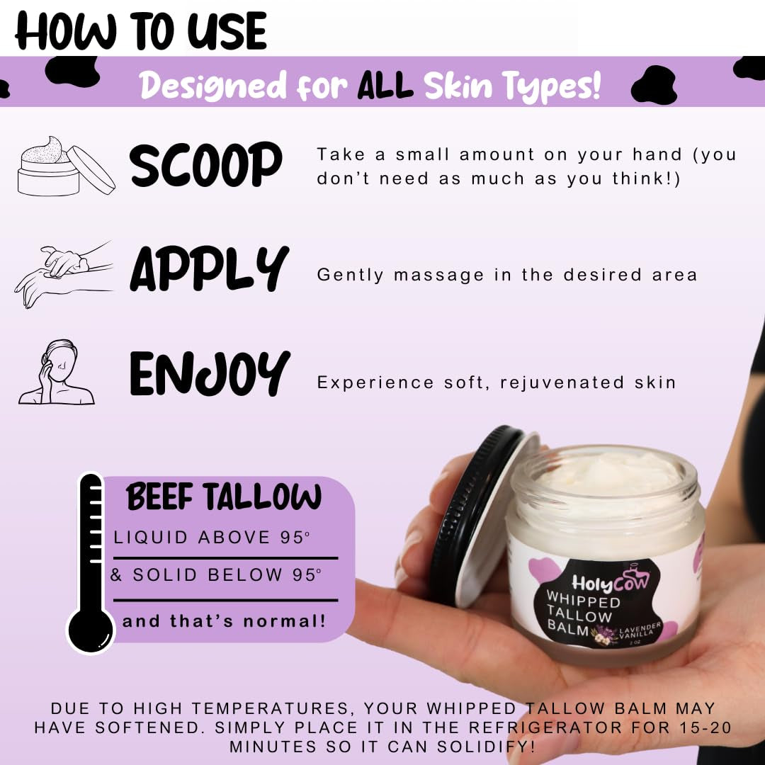 Beef Tallow for Skin - Whipped Tallow Balm with Organic Jojoba Oil, Grass Fed Beef Tallow Face Moisturizer for Eczema, Baby, Lip Balm - Lotion for Extremely Dry Skin (Lavender Vanilla)