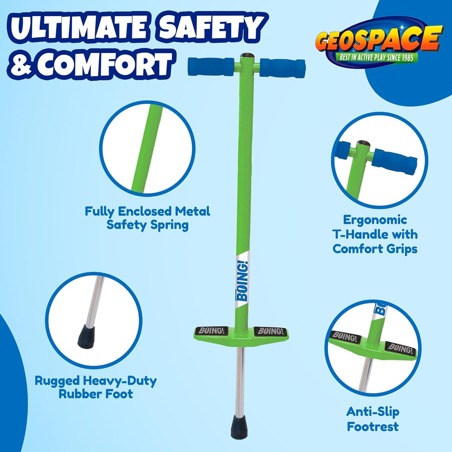 Geospace Jumparoo Boing! JR. Steel Pogo Stick for Children Weighing 50-90 lbs by Air Kicks - Compact Outdoor Activity Toy for Boys and Girls Promoting Exercise, Balance, and Coordination (Purple)