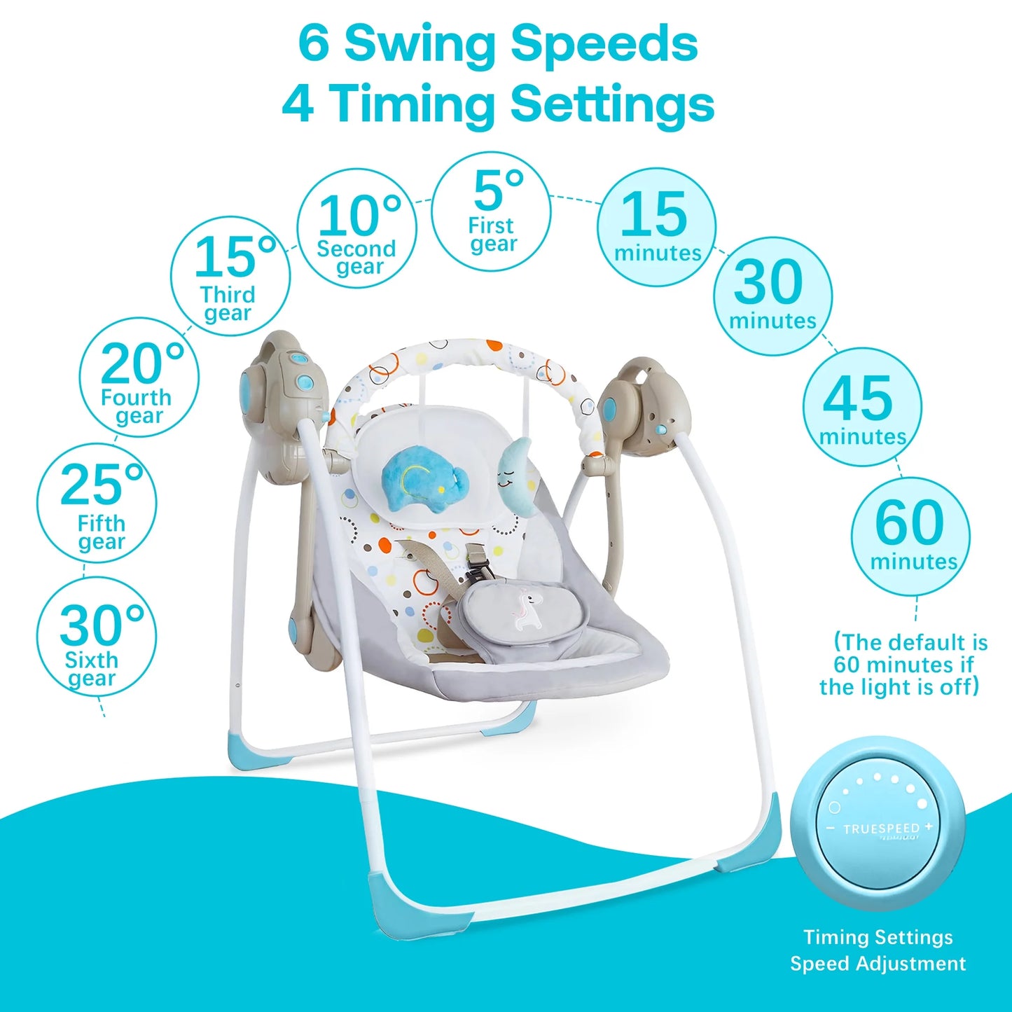 Baby Swing, Foldable Baby Swing for Infants with Adaptable Speeds, Music, 0-9 Months, Khaki