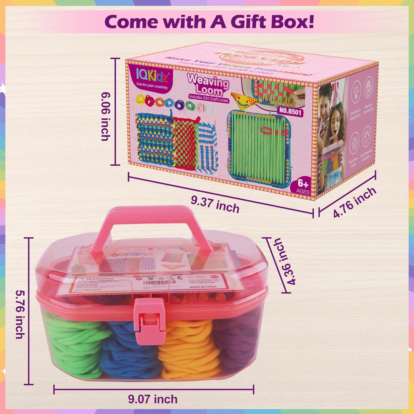 Iqkidz Weaving Loom Kit Toys, DIY Arts and Crafts for Kids and Adults, Ideal Gifts for Girls Ages 5 6 7 8-12 13, Easy Potholder Loom Knitting Activity for Beginners, 224 Craft Loops