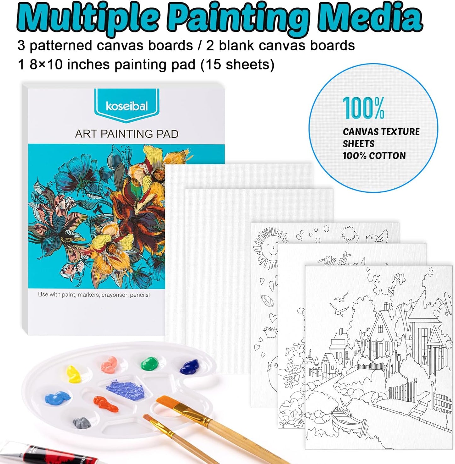 Koseibal Acrylic Paint Set for Kids, Art Painting Supplies Kit with 18 Paints, 5 Canvas Panels, 8 Brushes, Table Easel, Etc, Premium Paint Set for Students, Artists and Beginner.
