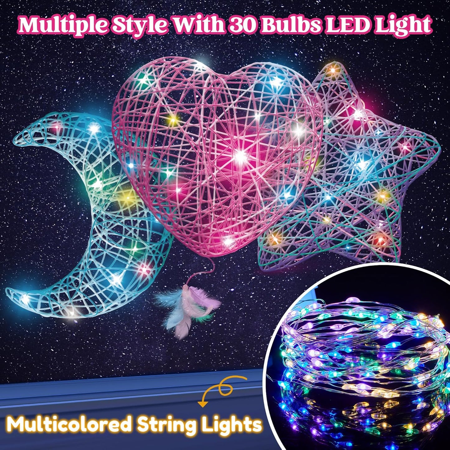 Klever Kits 3D String Art Kit for Kids, Light up String Light Toy with 30 Multi-Colored LED Bulbs, Arts and Crafts Set, Birthday Gifts for Girls and Boys Ages 8+