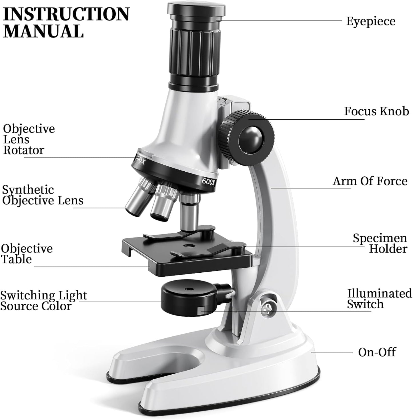 65 Pieces Microscope Kit for Kids Ages 5-7 8-13, 100X-1200X Magnification with 7 Colors of LED Lights and 12 Prepared Slides, Science Experiment STEM Kits for Boys and Girls Age 8-12 Years