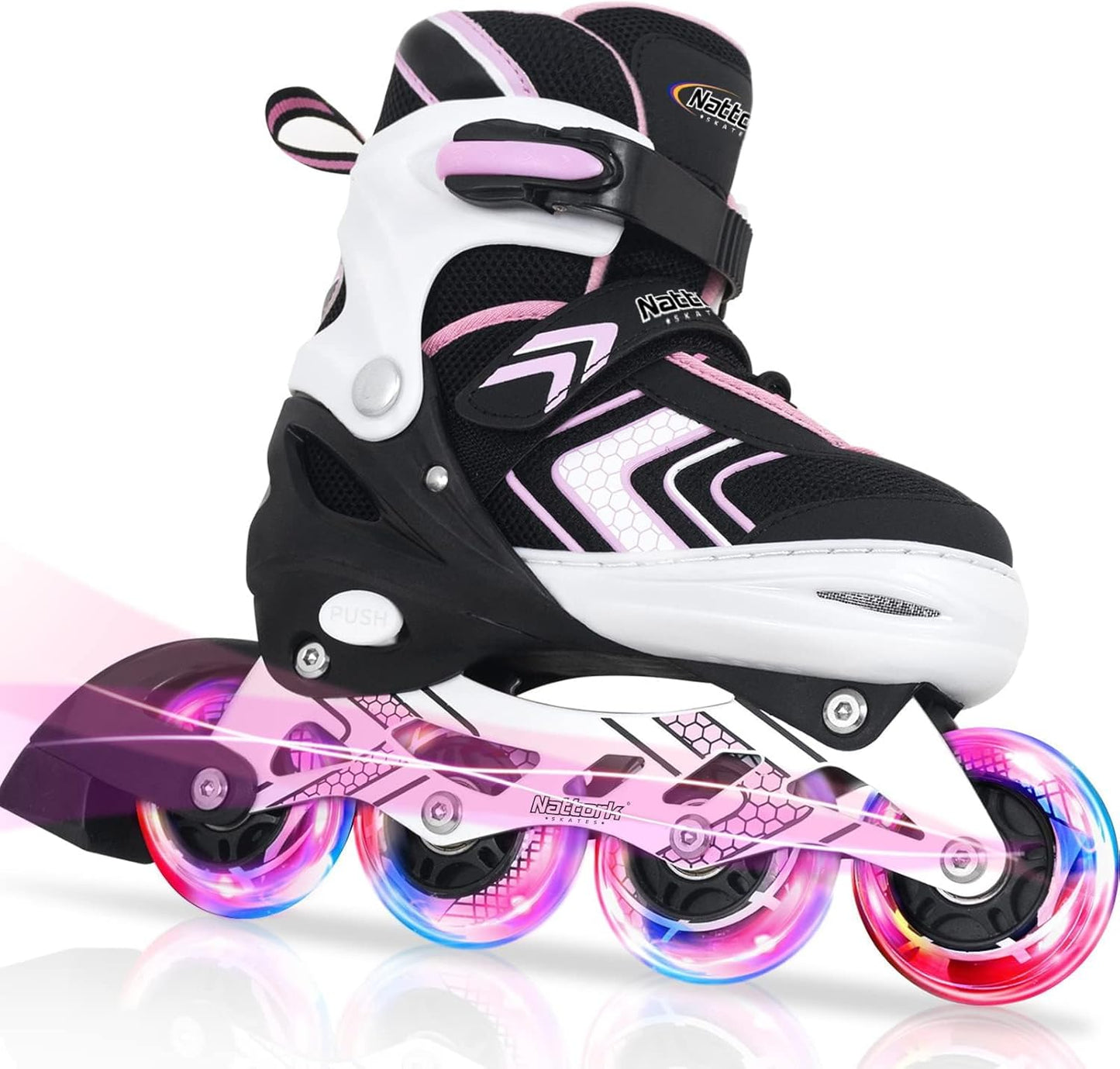 Nattork Adjustable Inline Skates for Girls and Boys with Full Light up Wheels, Beginner Roller Skates for Kids Youth Purple Pink Blue Black