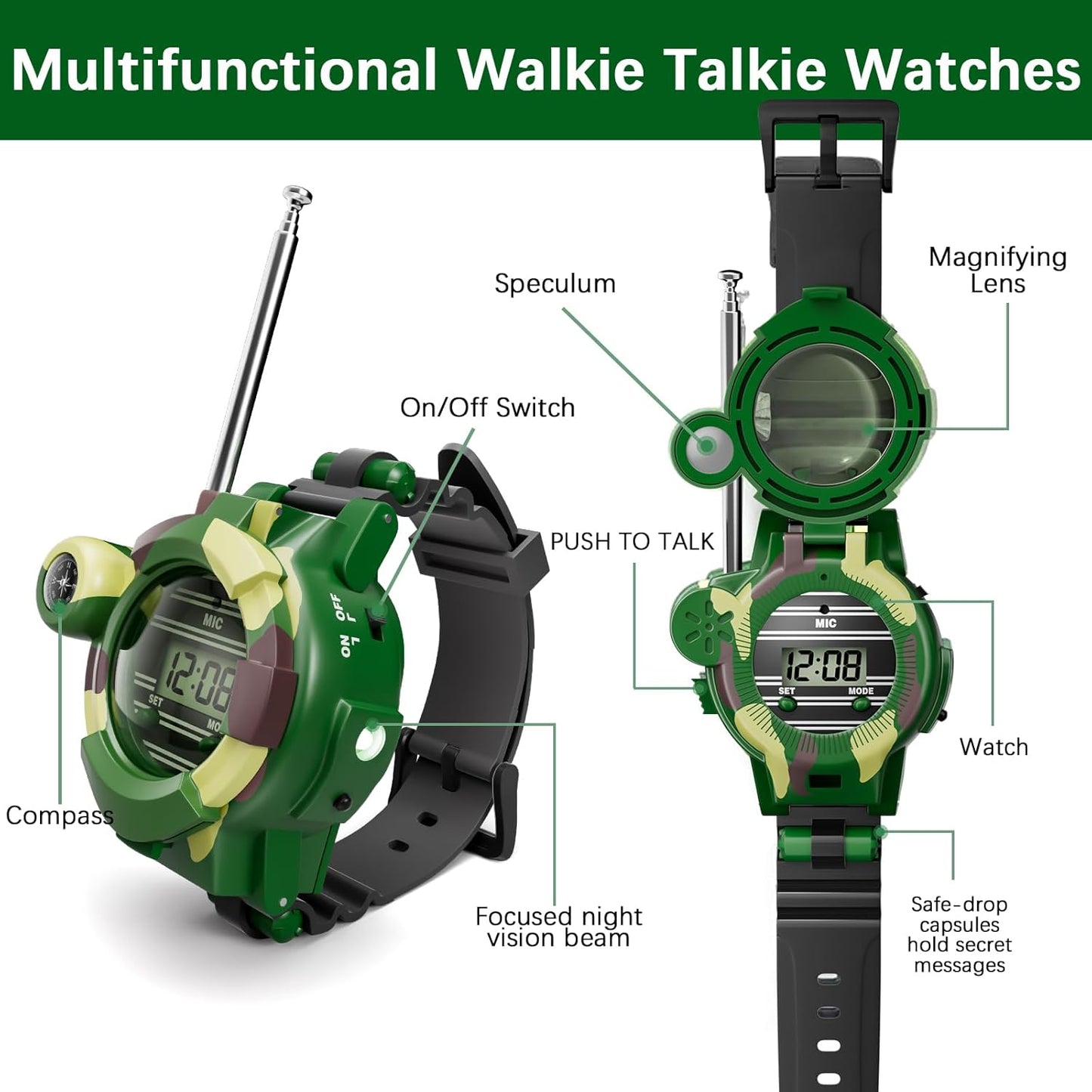 Walkie Talkies Watch, Spy Watch Army Toys for Kids Age 8-12, 7 in 1 Digital Watch Walkie Talkies with Flashlight, Cool Spy Gadgets for Boy Girls