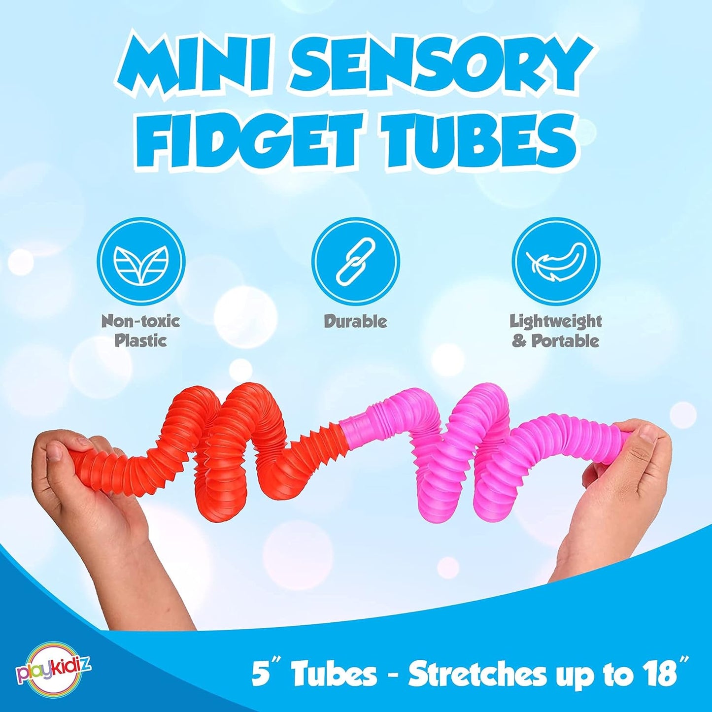 Playkidiz Pop Tubes - 8 Pack Mini 5" Sensory Fidget Tubes, Extending Up to 18" Long, Stress Relief Toy for Children Ages 3 and Up