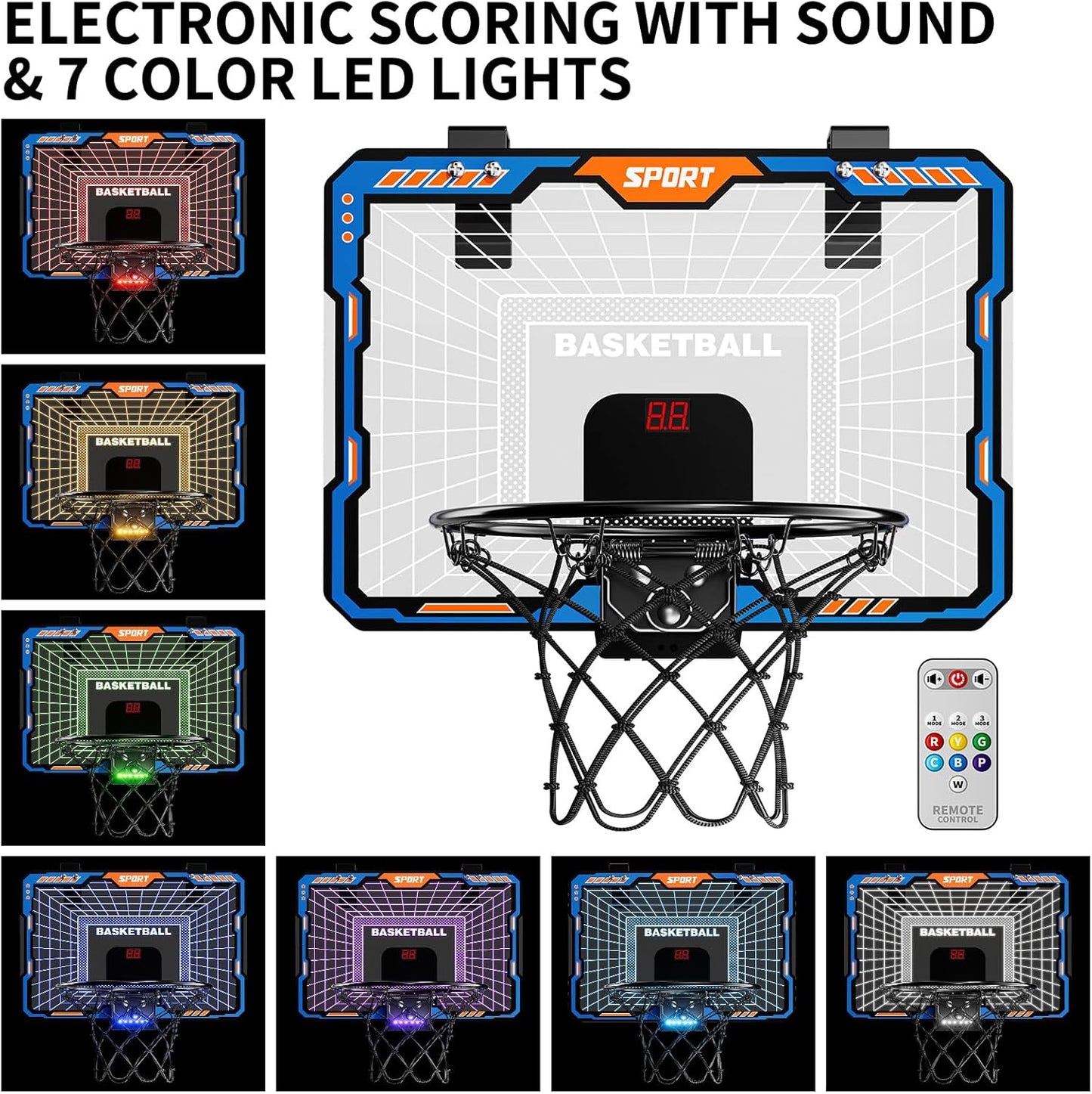 TEMI Remote Controller Indoor Basketball Hoop, 7 LED Light Door Basketball Hoop, Mini Hoop with Scoreboard & 4 Balls,Basketball Toys Gifts for 3 4 5 6 7 8 9 10 11 12 Year Old Boys Girls Kids Teen
