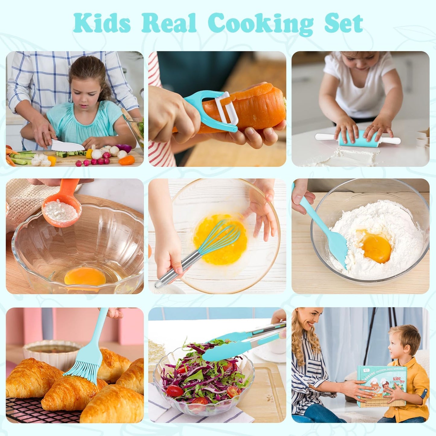 Kids Cooking Sets Real, Kids Cooking & Baking Set with Storage Case Kid Safe Knives Cutting Board Apron Cookbook Toddler Cooking Utensils, Montessori Kitchen Tools, Birthday Gifts Toys for Girls Boys