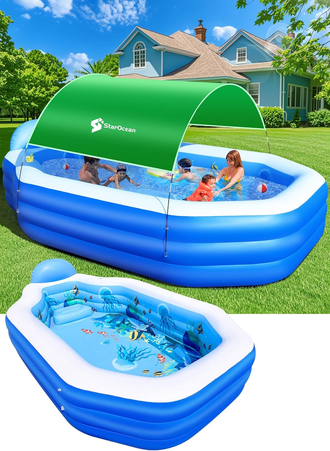 Starocean Inflatable Pool with Canopy, Large Inflatable Swimming Pool for Kids,Adult, Blowup Pools with Seats,Backrest.Durable Thickened Inflatable Family Pools for Backyard,Dark Blue-118"X75"X22"