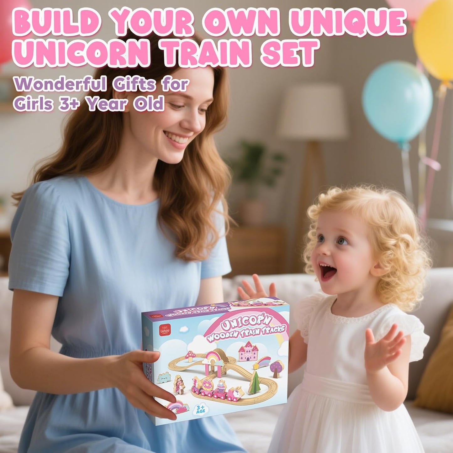 Lehoo Castle Wooden Train Set, Train Set for Toddlers 2-4, Wooden Train Track for Girls, Unicorn Toys for Girls Age 4-6, Toys for 3 4 5 6 Year Old Girls