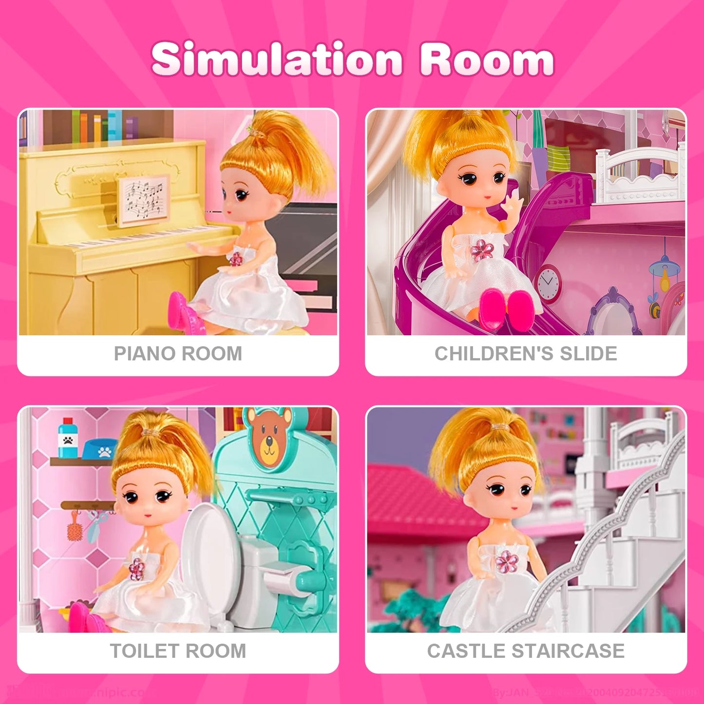 Dollhouse for Girls,4 Stories 12 Rooms Dollhouse with 2 Princesses Slide Accessories,Toddler Playhouse Gift for for 3 -6 Year Old Girls Toys