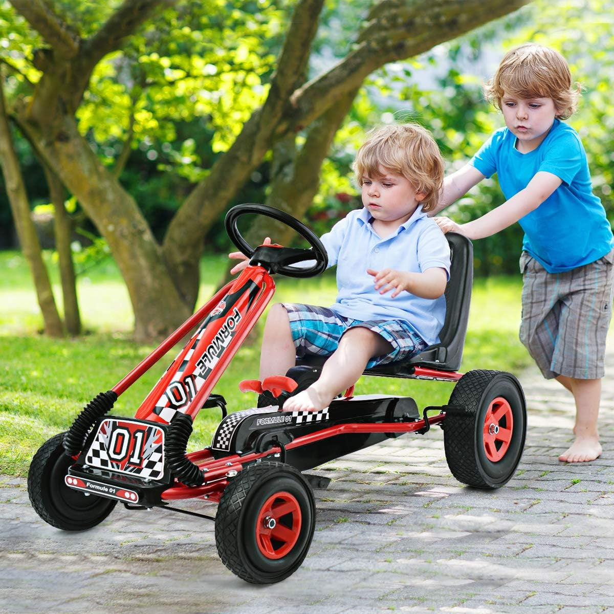 HONEY JOY Kids Go Kart - 4-Wheel Off-Road Pedal Cart with Steering Wheel, Adjustable Seat, Dual Safety Brakes, EVA Tires, Clutch, Outdoor Racing Pedal Car (Red)
