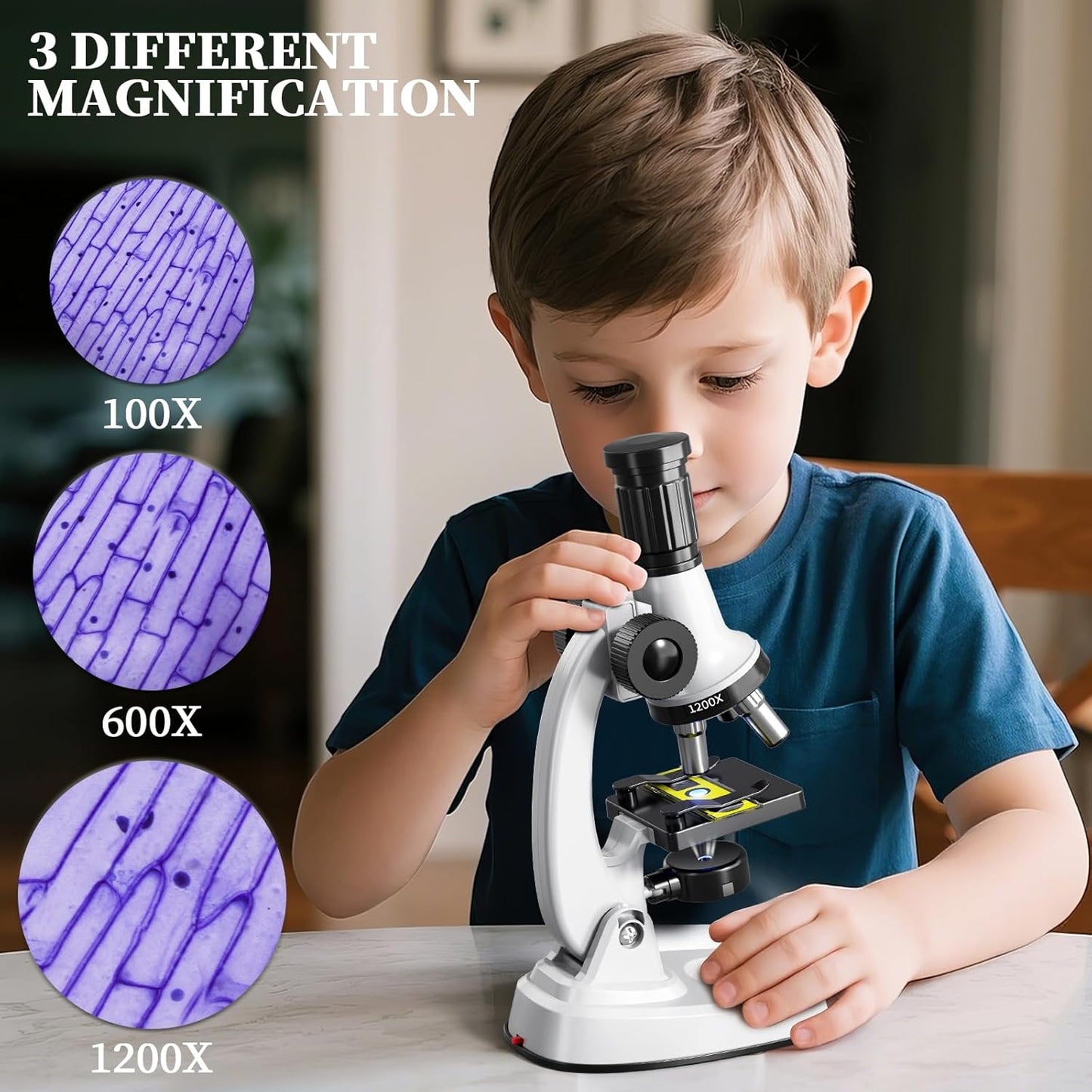 65 Pieces Microscope Kit for Kids Ages 5-7 8-13, 100X-1200X Magnification with 7 Colors of LED Lights and 12 Prepared Slides, Science Experiment STEM Kits for Boys and Girls Age 8-12 Years