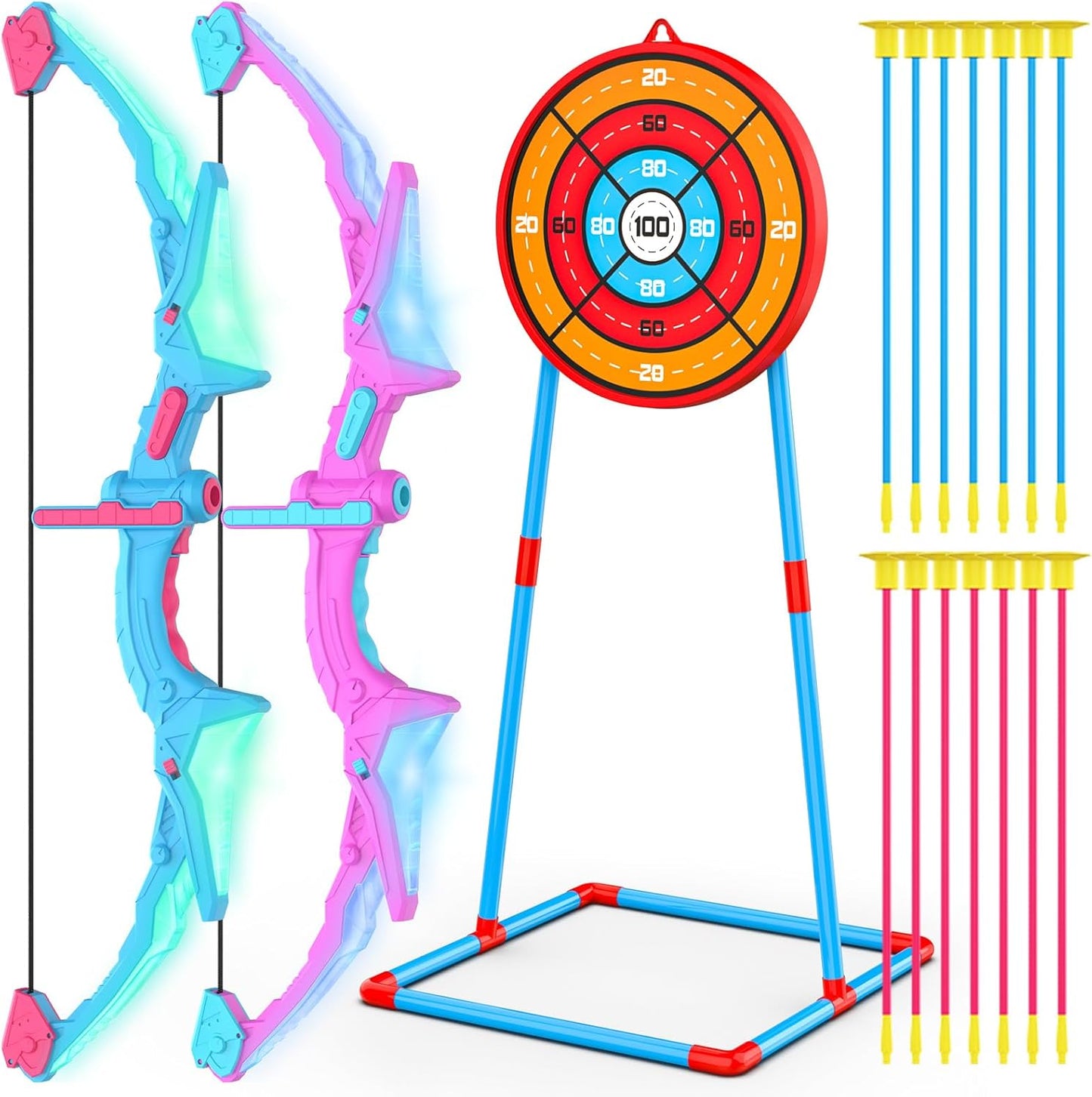 2 Pack Bow and Arrow Set for Kids, Light up Archery Set with 14 Suction Cup Arrows, Archery Targets Outdoor Games for Kids Ages 4-8 8-12, Birthday Gifts Toys for 5 6 7 8 9 10 11 12 Year Old Boys Girls