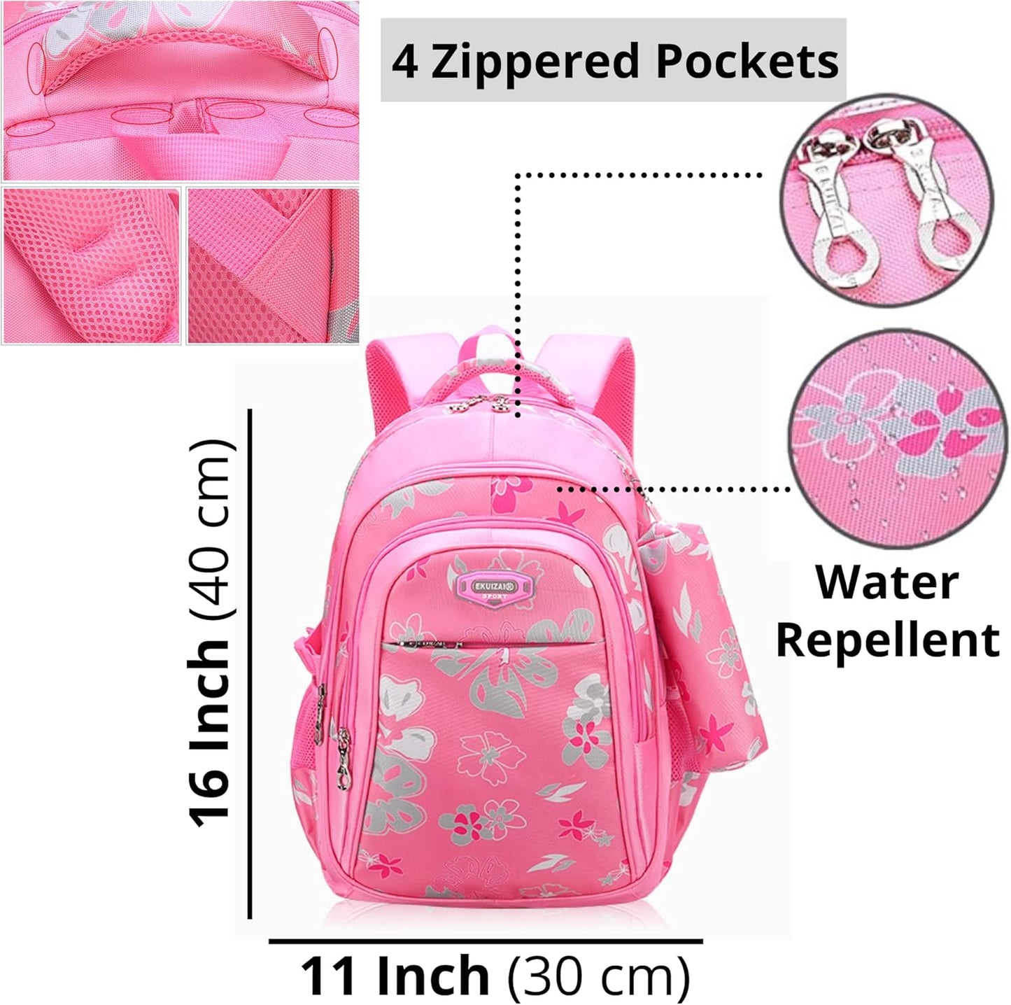 Trendy Water-Repellent Girls' Backpack with Pencil Case - 16" Pink School Bag for Elementary and Kindergarten
