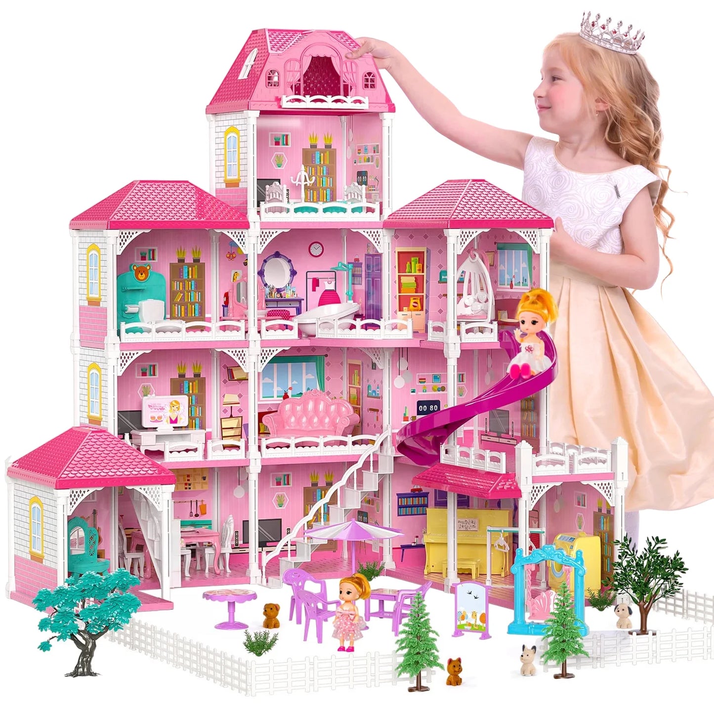 Dollhouse for Girls,4 Stories 12 Rooms Dollhouse with 2 Princesses Slide Accessories,Toddler Playhouse Gift for for 3 -6 Year Old Girls Toys