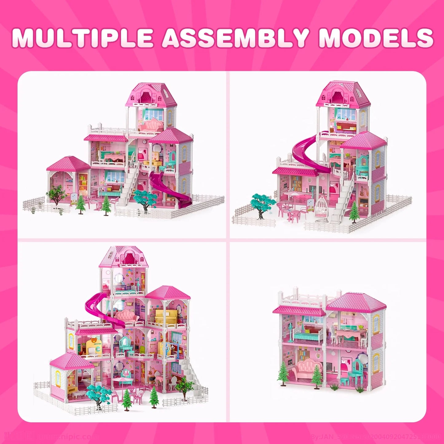 Dollhouse for Girls,4 Stories 12 Rooms Dollhouse with 2 Princesses Slide Accessories,Toddler Playhouse Gift for for 3 -6 Year Old Girls Toys