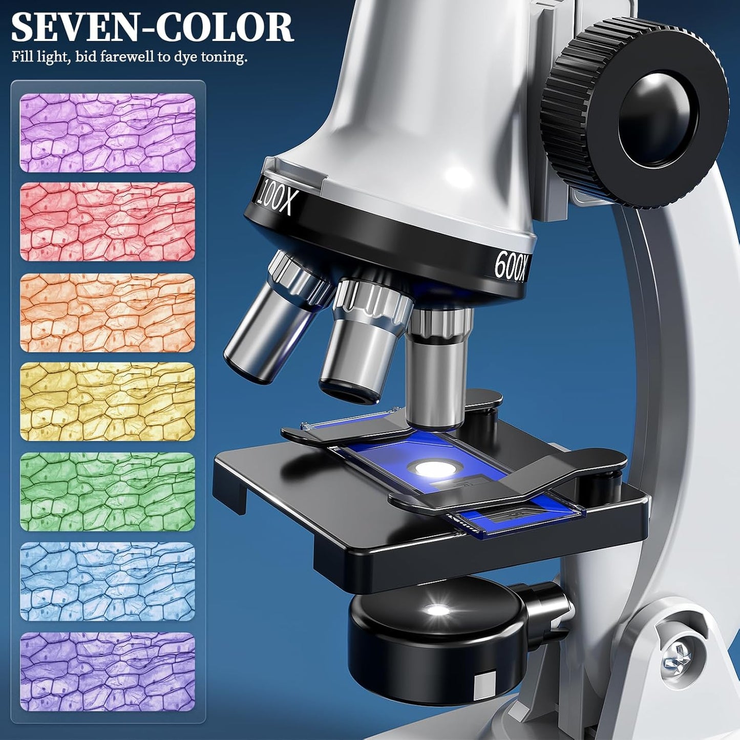 65 Pieces Microscope Kit for Kids Ages 5-7 8-13, 100X-1200X Magnification with 7 Colors of LED Lights and 12 Prepared Slides, Science Experiment STEM Kits for Boys and Girls Age 8-12 Years