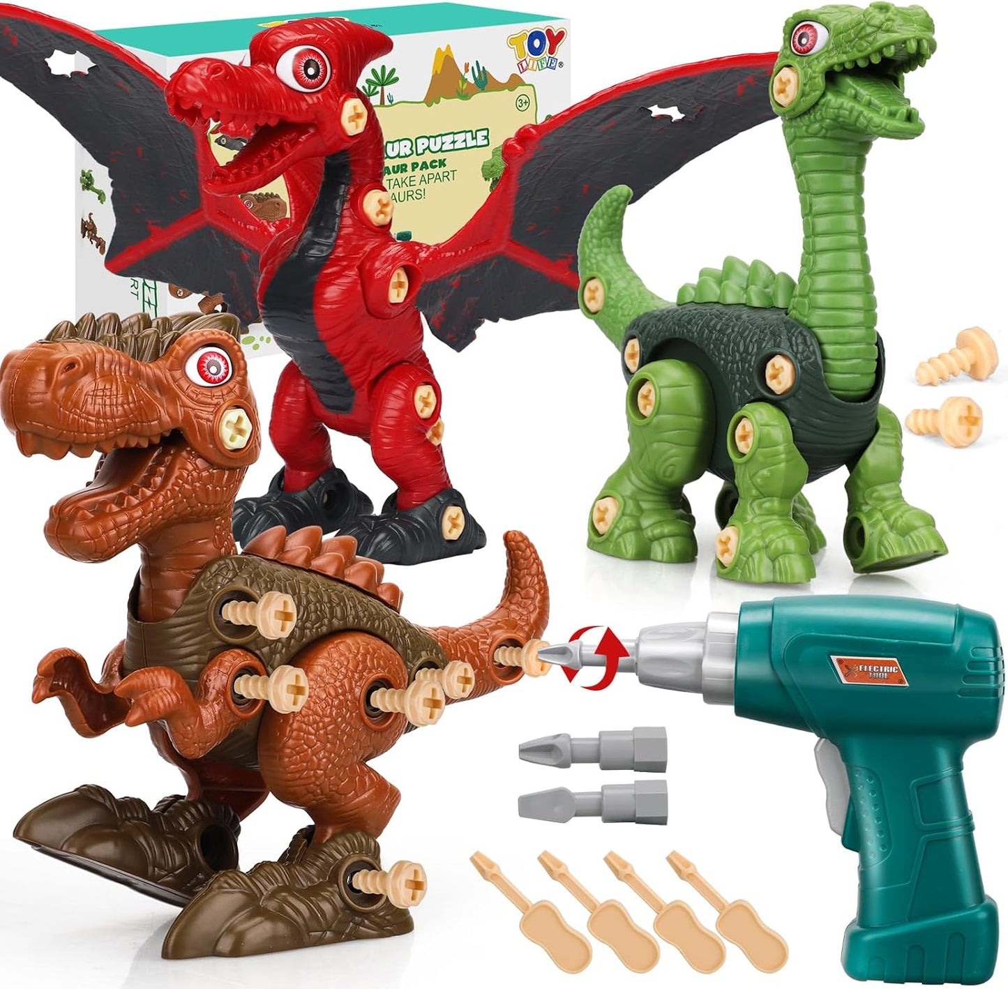 TOY Life 3-Pack Take-Apart Dinosaur Toys with Electric Drill - STEM Building Set for Kids Ages 4-8 - Ideal Birthday Gift for Boys 3-7