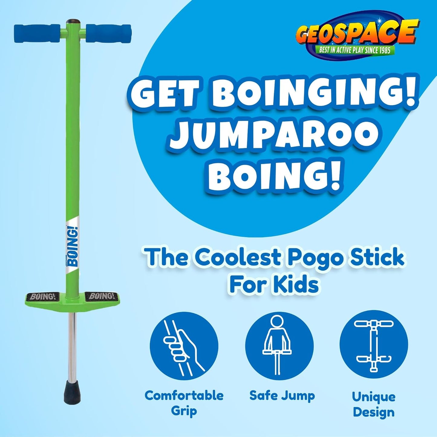 Geospace Jumparoo Boing! JR. Steel Pogo Stick for Children Weighing 50-90 lbs by Air Kicks - Compact Outdoor Activity Toy for Boys and Girls Promoting Exercise, Balance, and Coordination (Purple)