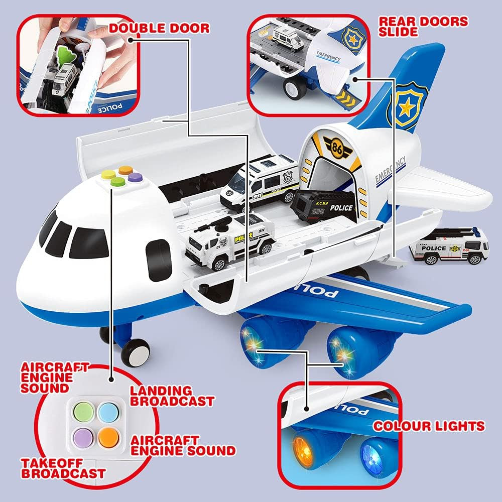 Dwi Dowellin 20-in-1 Transport Carrier Vehicle Set for Toddlers: Cargo Airplane and Police Toys for Boys and Girls Ages 2-7