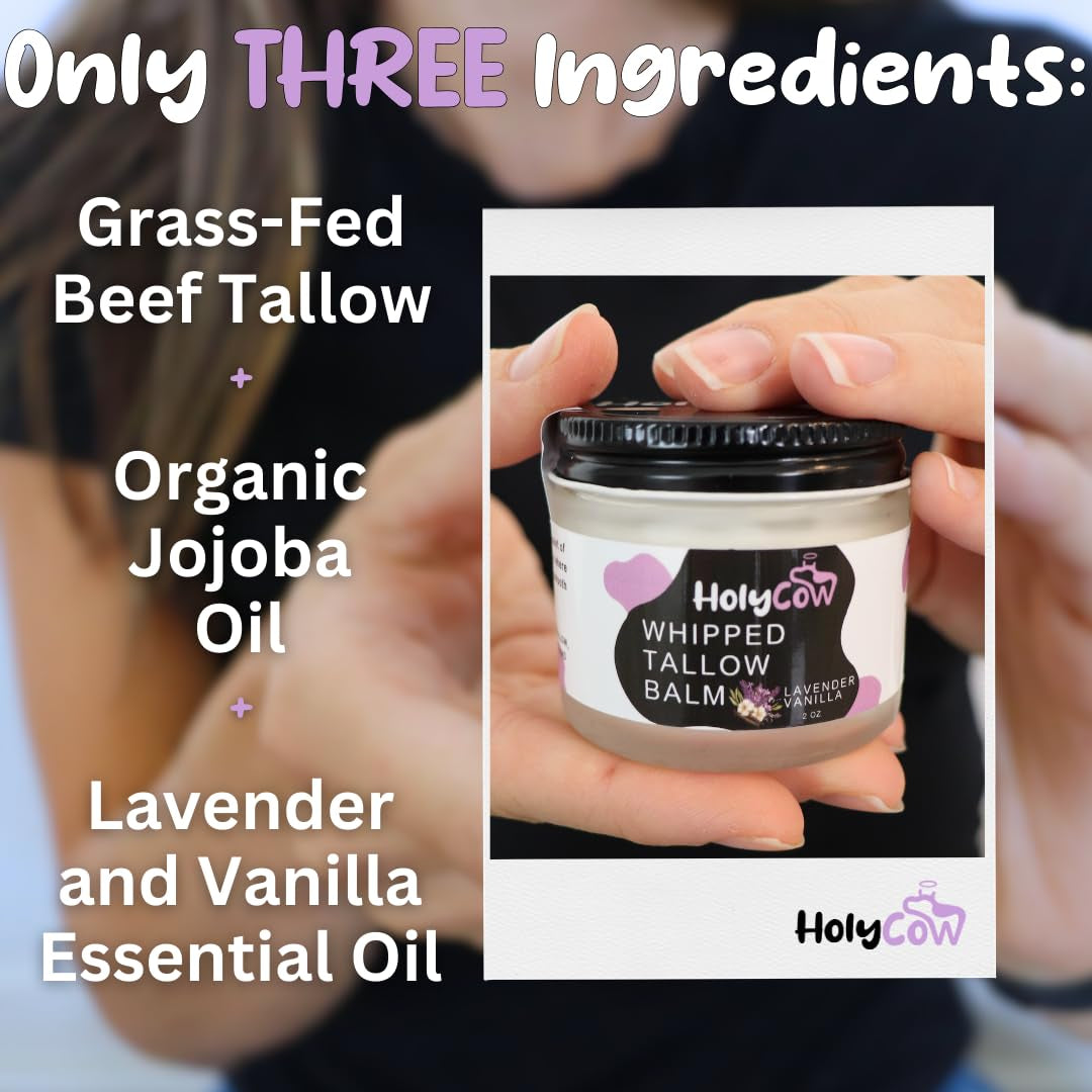 Beef Tallow for Skin - Whipped Tallow Balm with Organic Jojoba Oil, Grass Fed Beef Tallow Face Moisturizer for Eczema, Baby, Lip Balm - Lotion for Extremely Dry Skin (Lavender Vanilla)