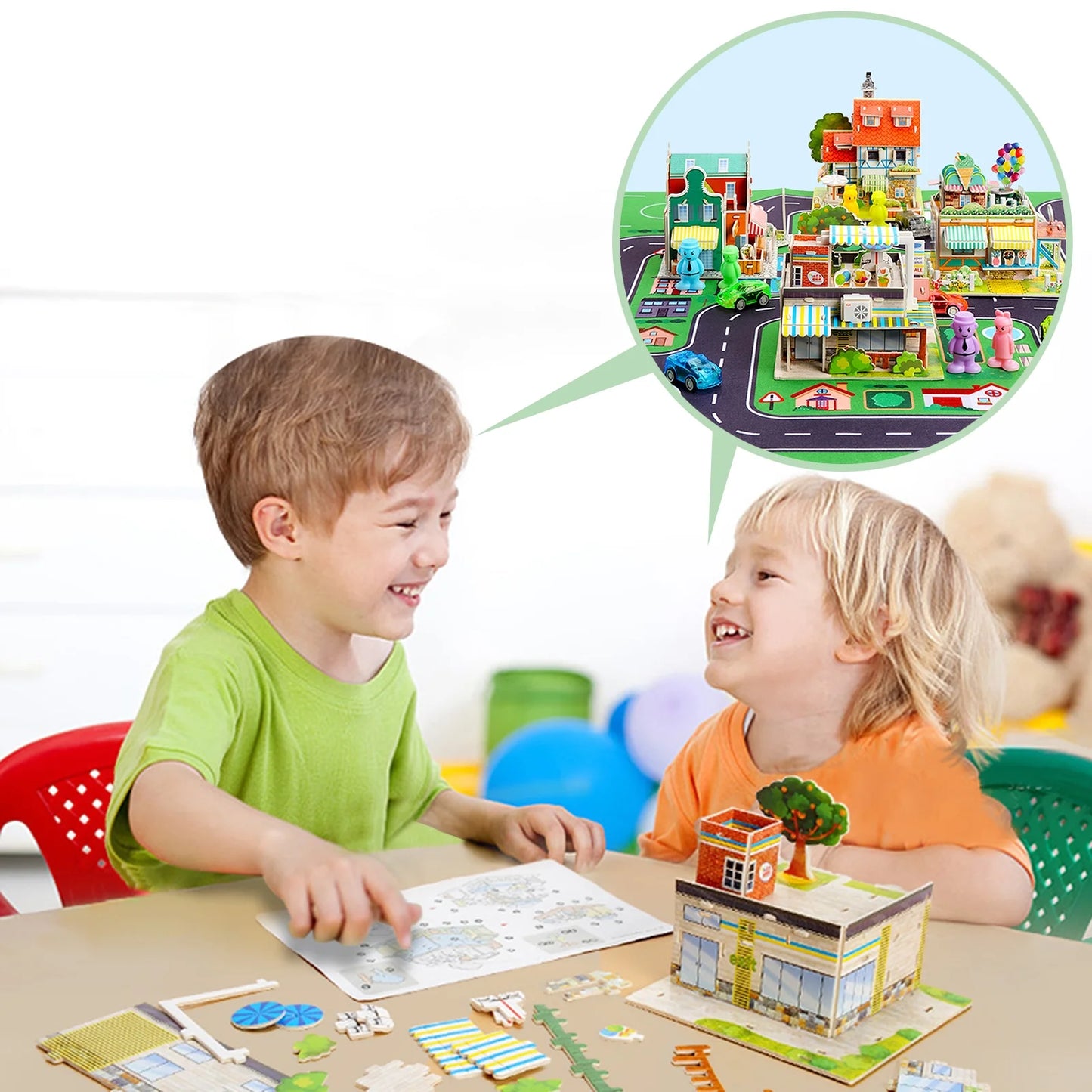 City Map Construction Building Sets with 6 Cartoon Character Toys, Preschool Educational Learning Toys for 6+ Year Old Kids Boys Girls Children