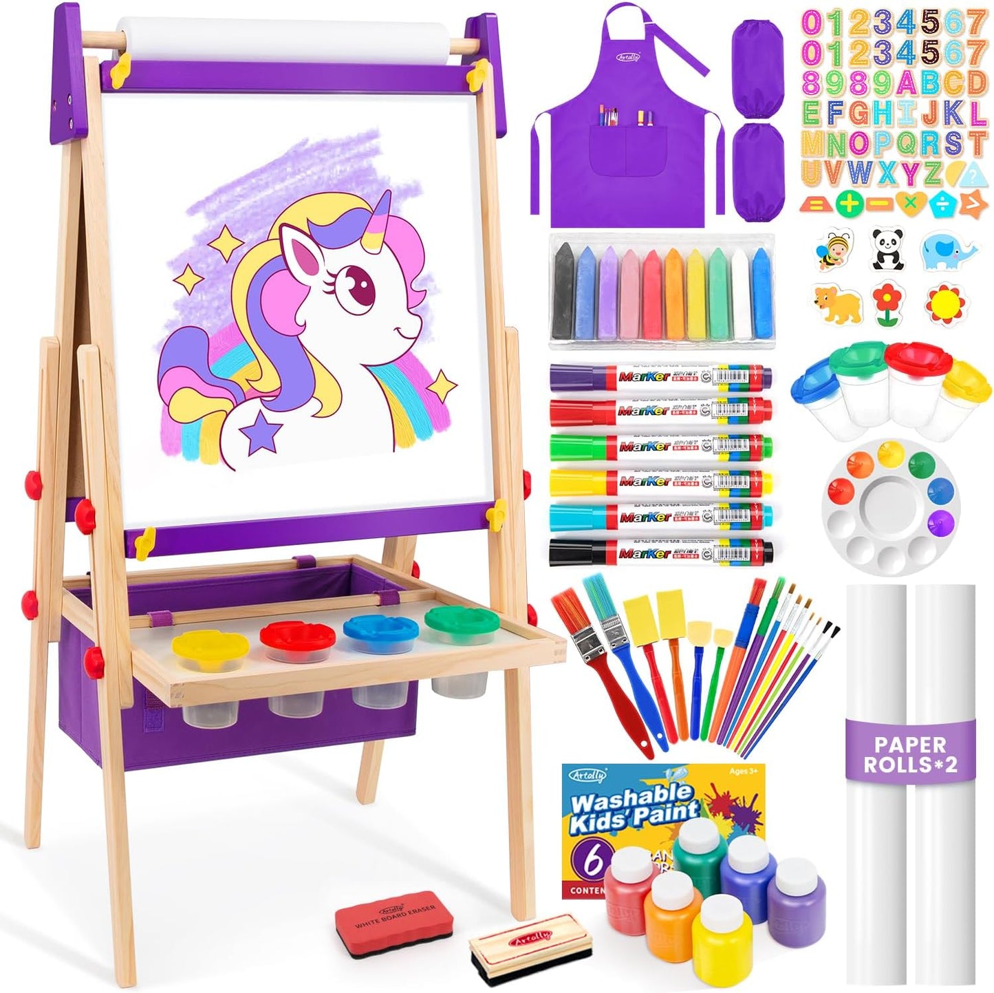 Art Easel for Toddlers Kids, Adjustable Standing Art Easel with Magnetic Chalkboard & Whiteboard, Dry-Erase Board, Paper Roll, Drawing & Painting Easel for Kids Ages 3 4-8 9-12, Blue W/Bag