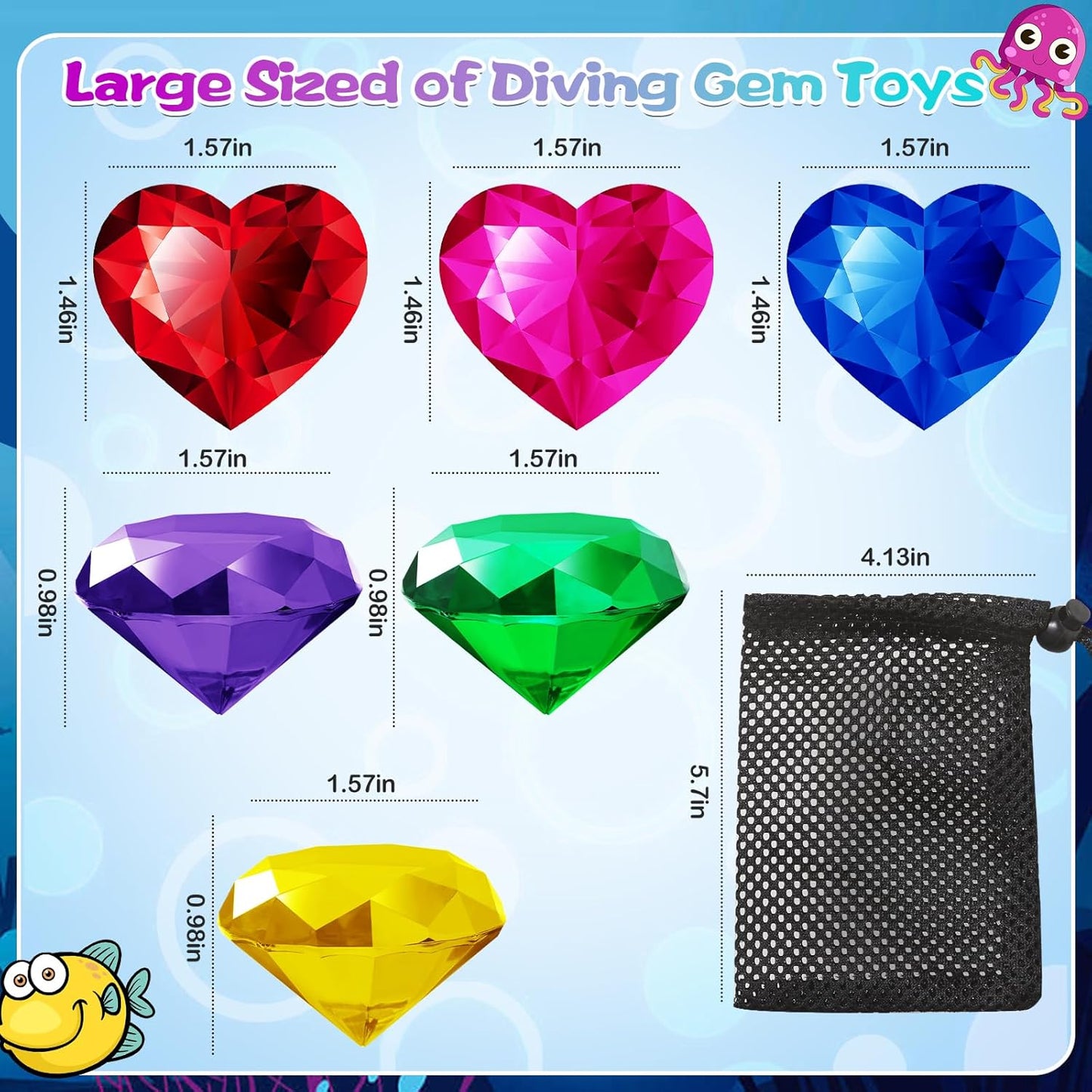 Pool Toys, 9 Pcs Extra Large Dive Gems for Kids Ages 4-8, 8-12, Summer Beach Water Colorful Diamond Toys for Boys Girls Underwater Gemstone Swimming Training Gifts