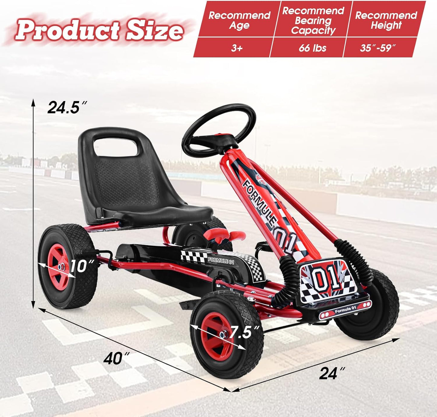 HONEY JOY Kids Go Kart - 4-Wheel Off-Road Pedal Cart with Steering Wheel, Adjustable Seat, Dual Safety Brakes, EVA Tires, Clutch, Outdoor Racing Pedal Car (Red)