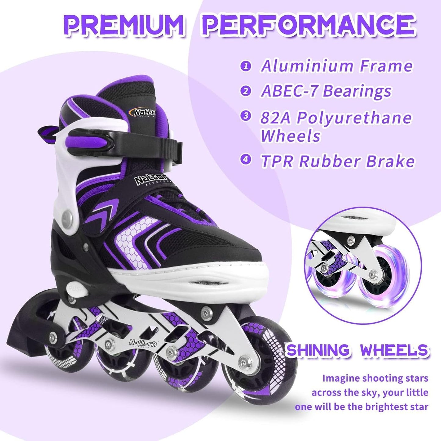 Nattork Adjustable Inline Skates for Girls and Boys with Full Light up Wheels, Beginner Roller Skates for Kids Youth Purple Pink Blue Black
