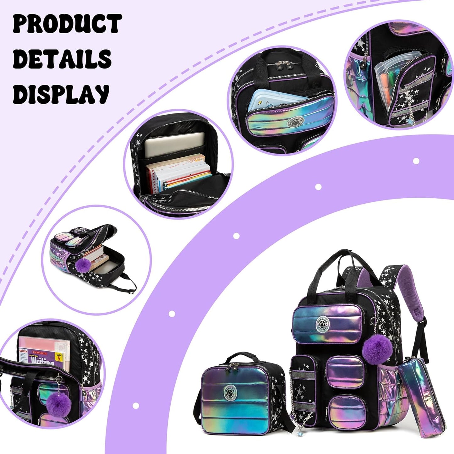 Kids School Backpacks for Girls Backpack with Lunch Bag for Elmentary Students Kids Travel Bookbag for Girls Age 6-12