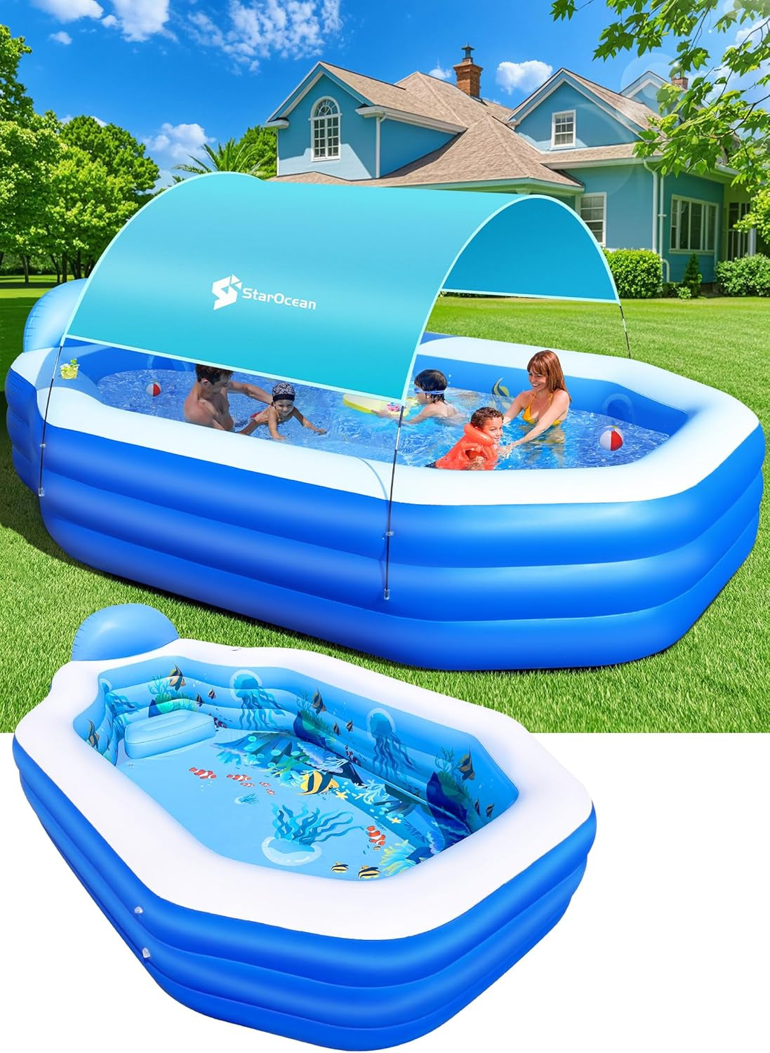 Starocean Inflatable Pool with Canopy, Large Inflatable Swimming Pool for Kids,Adult, Blowup Pools with Seats,Backrest.Durable Thickened Inflatable Family Pools for Backyard,Dark Blue-118"X75"X22"