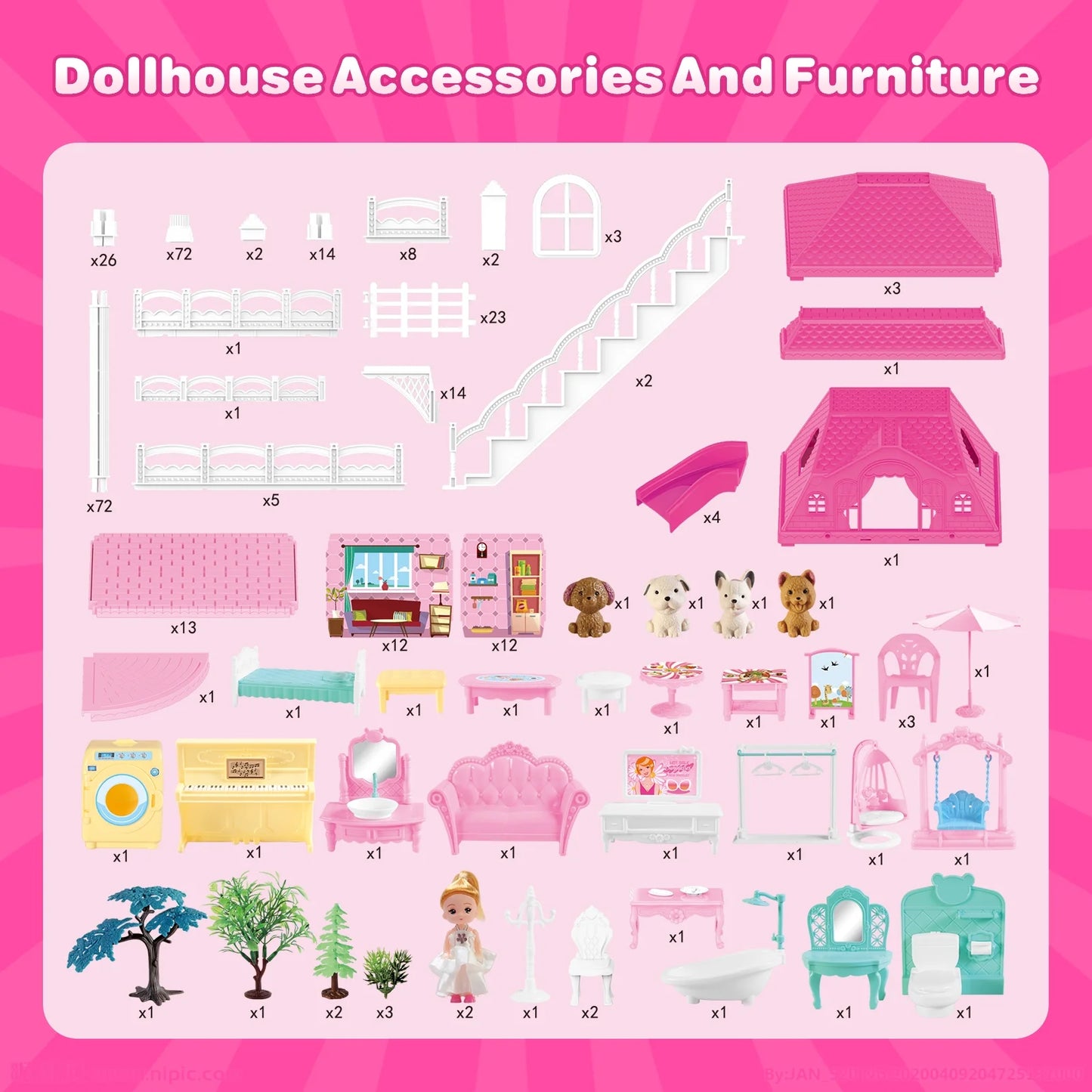 Dollhouse for Girls,4 Stories 12 Rooms Dollhouse with 2 Princesses Slide Accessories,Toddler Playhouse Gift for for 3 -6 Year Old Girls Toys