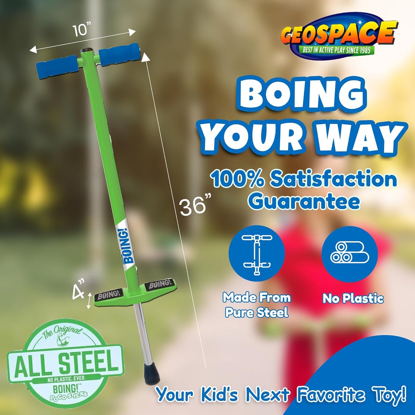 Geospace Jumparoo Boing! JR. Steel Pogo Stick for Children Weighing 50-90 lbs by Air Kicks - Compact Outdoor Activity Toy for Boys and Girls Promoting Exercise, Balance, and Coordination (Purple)