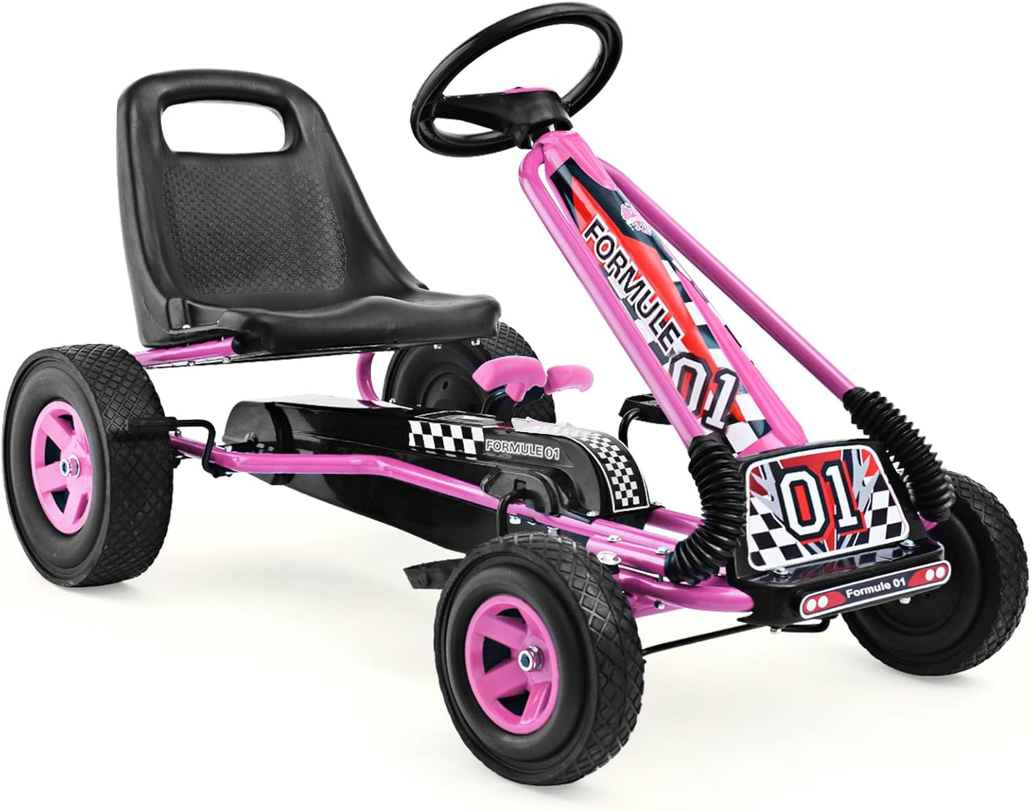HONEY JOY Kids Go Kart - 4-Wheel Off-Road Pedal Cart with Steering Wheel, Adjustable Seat, Dual Safety Brakes, EVA Tires, Clutch, Outdoor Racing Pedal Car (Red)
