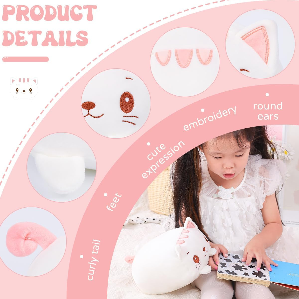 AIXINI 23.6-Inch White Cat Plush Cylindrical Body Pillow - Super Soft Cartoon Hugging Toy Gift
