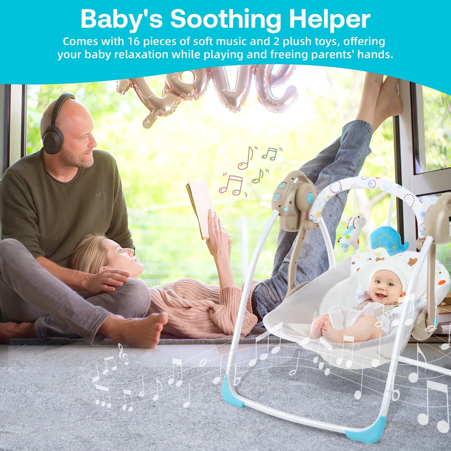 Baby Swing, Foldable Baby Swing for Infants with Adaptable Speeds, Music, 0-9 Months, Khaki