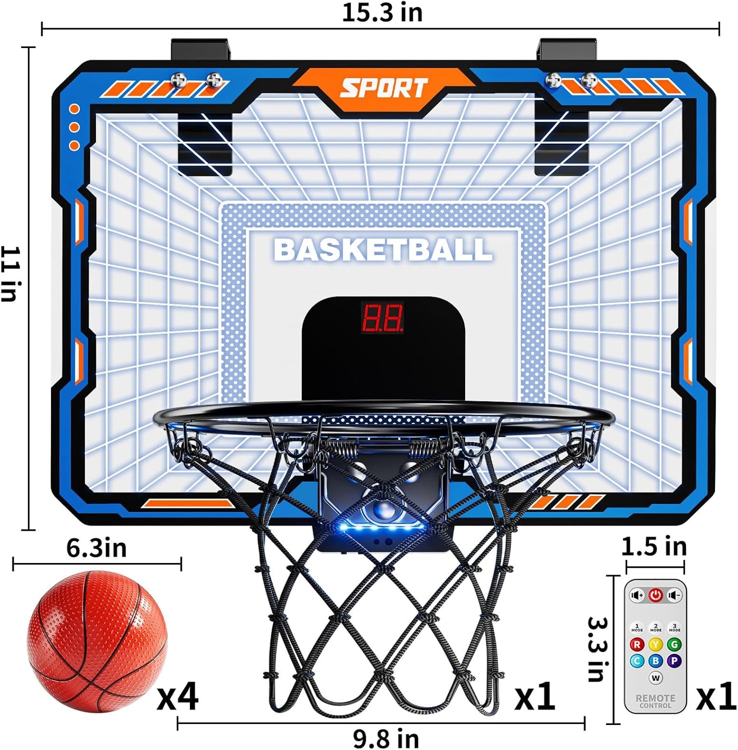 TEMI Remote Controller Indoor Basketball Hoop, 7 LED Light Door Basketball Hoop, Mini Hoop with Scoreboard & 4 Balls,Basketball Toys Gifts for 3 4 5 6 7 8 9 10 11 12 Year Old Boys Girls Kids Teen