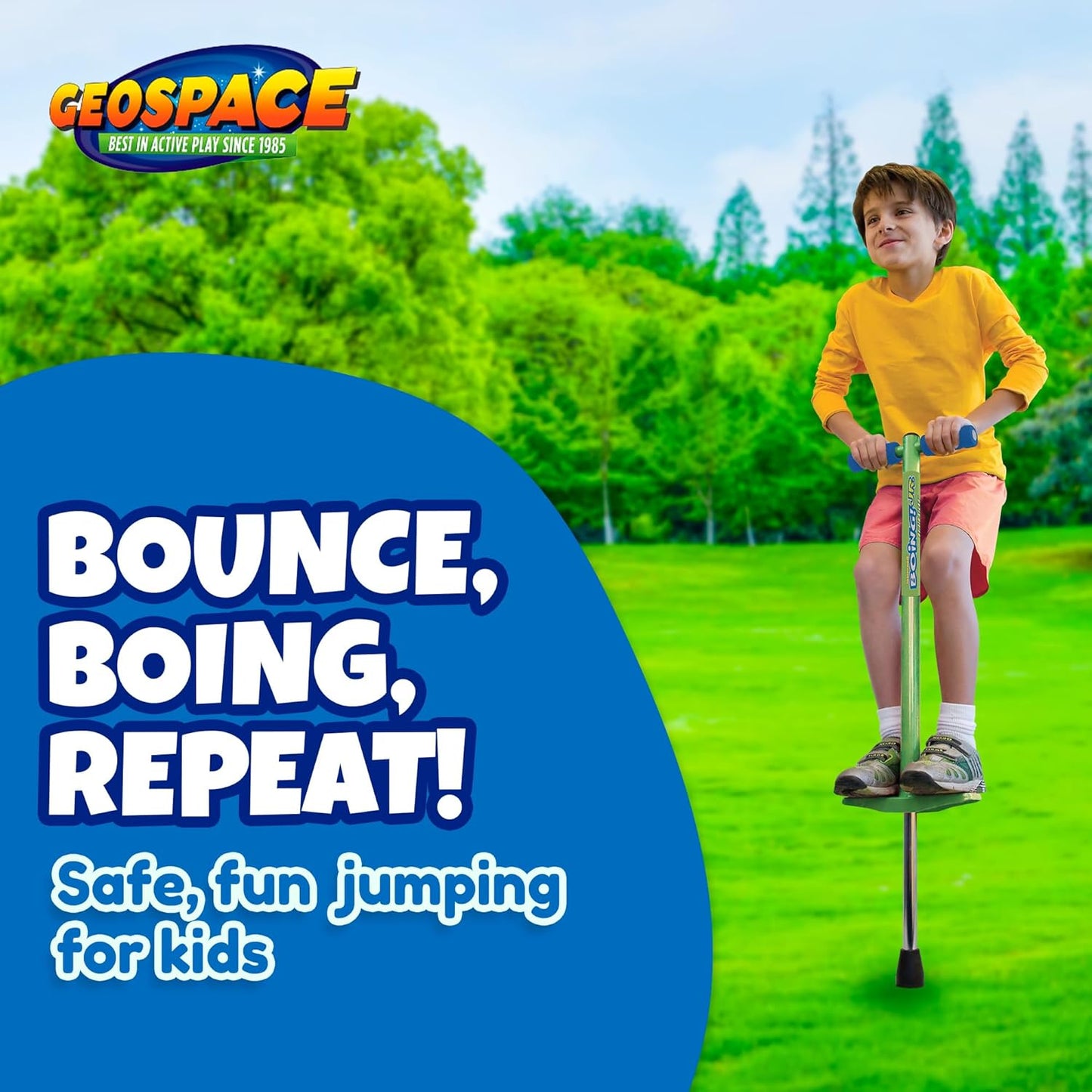 Geospace Jumparoo Boing! JR. Steel Pogo Stick for Children Weighing 50-90 lbs by Air Kicks - Compact Outdoor Activity Toy for Boys and Girls Promoting Exercise, Balance, and Coordination (Purple)