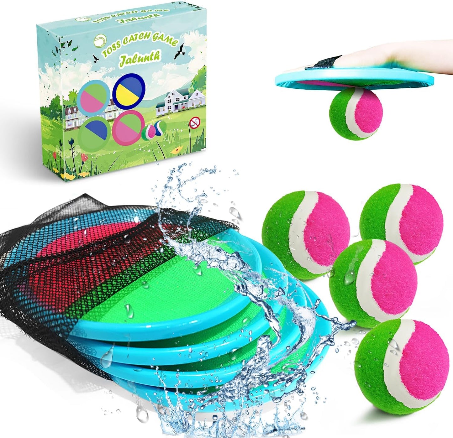 Jalunth Ball Catch Set Game Toss Paddle - Beach Toys Back Yard Pool Outdoor Lawn Games Backyard Camping Sticky Mitts Age 3 4 5 6 7 8 9 10 11 12 Years Old Boys Girls Kids Adults Family Easter Gifts