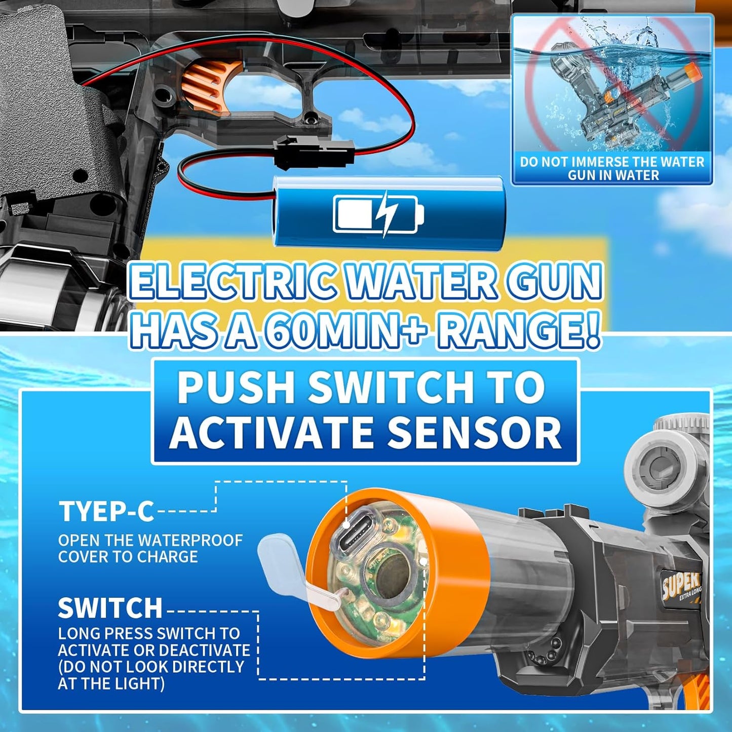 Hapystart 2 Pack Electric Water Guns with Light Up, Most Powered Full Automatic Electric Squirt Guns 26-32 FT Range Water Gun with Large Capacity Summer Pool Water Toy for Adults & Kids